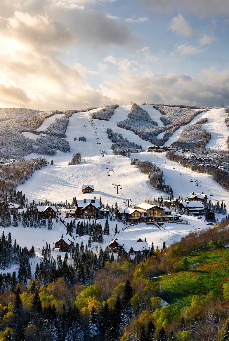 Mountain resort village at golden hour